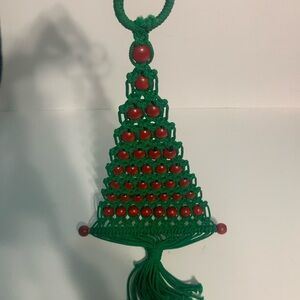 Vintage Macrame Christmas Tree Wall Hanging Boho 1970’s Green Red Beads 37 in